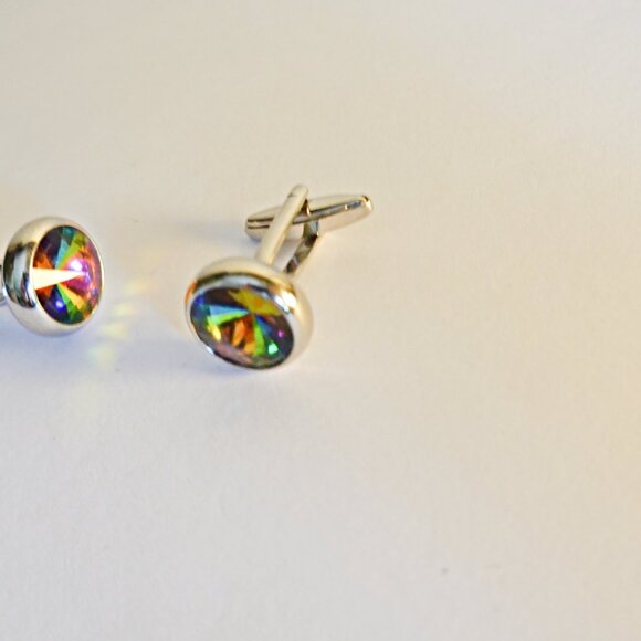 Watermelon Rivoli Crystal Cufflinks Sparkling  Rainbow Colors - Picture 2 of 2